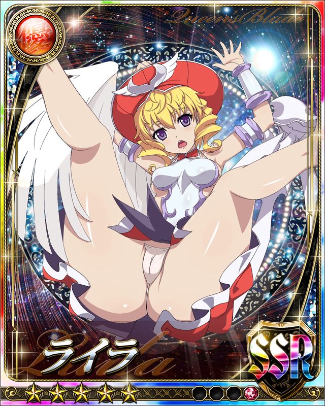 1girl angel artificial_wings ass bare_legs blonde_hair breasts card_(medium) curvy female hat huge_ass laila_(queen's_blade) legs_up long_hair looking_at_viewer mechanical_wings medium_breasts miniskirt purple_eyes queen's_blade queen's_blade_rebellion shiny_skin skirt solo thong wings