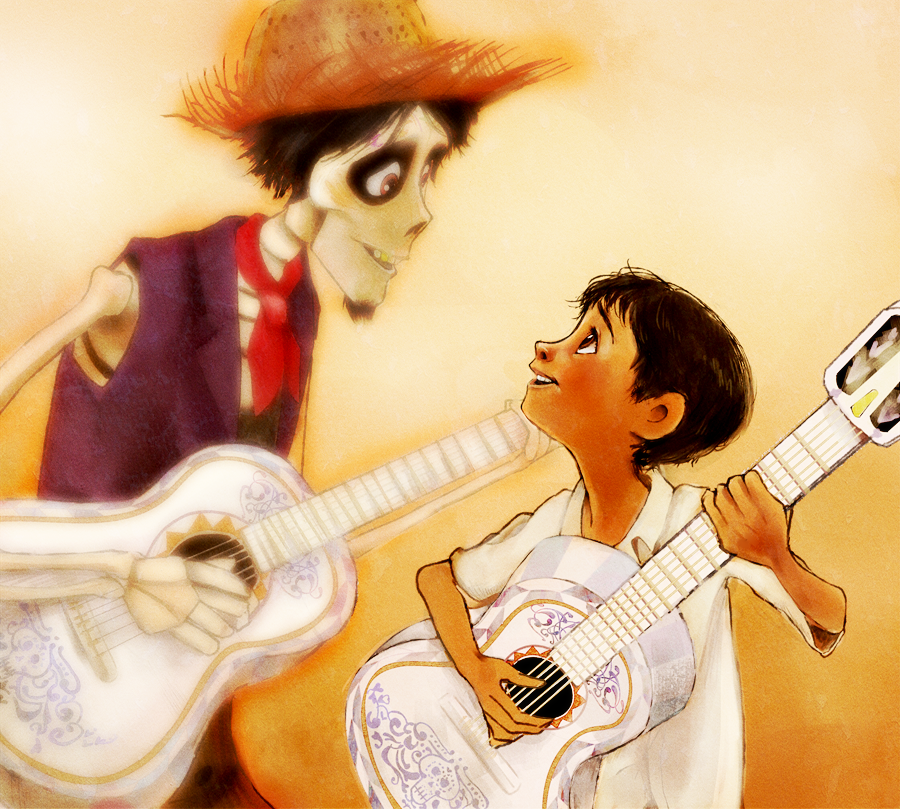 acoustic_guitar bandana black_hair brown_eyes coco_(disney) dark_skin dark_skinned_male disney facial_hair goatee grandfather_and_grandson guitar hat hector_rivera hood instrument mepachiri_(tbtbrarara) miguel_rivera multiple_boys music playing_instrument short_hair skeleton skull smile straw_hat