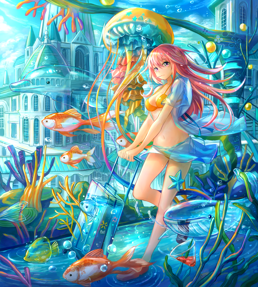 breasts cleavage collarbone dolphin eyebrows_visible_through_hair fish jellyfish kutsunohito long_hair looking_at_viewer medium_breasts navel original outdoors pink_eyes pink_hair scenery solo suitcase water whale