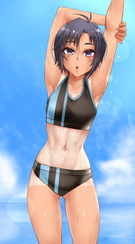 :o armpits arms_up ass_visible_through_thighs blue_sky buruma cowboy_shot day hands_up idolmaster idolmaster_(classic) kikuchi_makoto leaning_to_the_side lens_flare looking_at_viewer navel parted_lips purple_eyes purple_hair short_hair sky solo sports_bra standing stretch tan tanline twrlare wet
