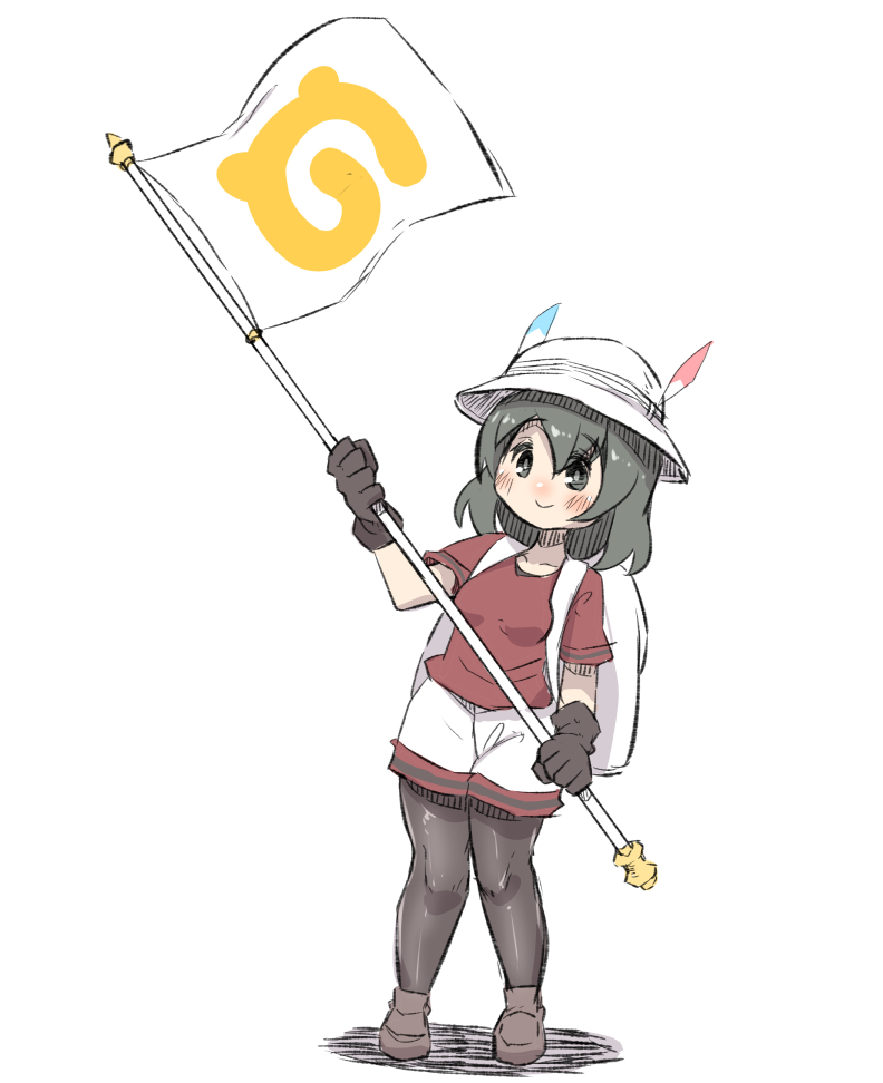backpack bag black_eyes black_gloves black_hair black_legwear blue_feathers blush breasts brown_footwear closed_mouth collarbone flag gloves hat_feather helmet holding holding_flag japari_symbol kaban_(kemono_friends) kemono_friends leaning_to_the_side pantyhose pith_helmet red_feathers red_footwear shoes short_shorts short_sleeves shorts small_breasts smile solo standing u-non_(annon'an) white_background white_shorts