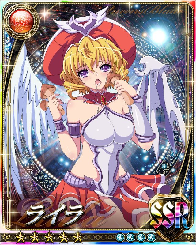 1girl angel artificial_wings bare_legs blonde_hair breasts card_(medium) curvy eating female hat laila_(queen's_blade) large_breasts long_hair looking_at_viewer mechanical_wings miniskirt mushroom purple_eyes queen's_blade queen's_blade_rebellion saliva sexually_suggestive shiny_skin skirt wings