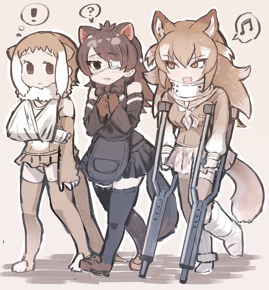 3girls :d ? animal_ears apron arm_sling australian_devil_(kemono_friends) bare_shoulders barefoot black_hair bow bowtie cast commentary crutch detached_sleeves elbow_gloves eye_contact eyebrows_visible_through_hair eyepatch fang fingerless_gloves fur_collar gloves japanese_otter_(kemono_friends) japanese_wolf_(kemono_friends) kemono_friends light_brown_hair long_hair long_sleeves looking_at_another medical_eyepatch mojibake_commentary multicolored_hair multiple_girls musical_note neck_brace neckerchief one-piece_swimsuit open_mouth otter_ears otter_tail plaid plaid_skirt pleated_skirt short_hair skirt smile spoken_exclamation_mark spoken_musical_note spoken_question_mark swimsuit tail tanaka_kusao tasmanian_devil_ears tasmanian_devil_tail thighhighs toeless_legwear vest white_hair wolf_ears wolf_tail