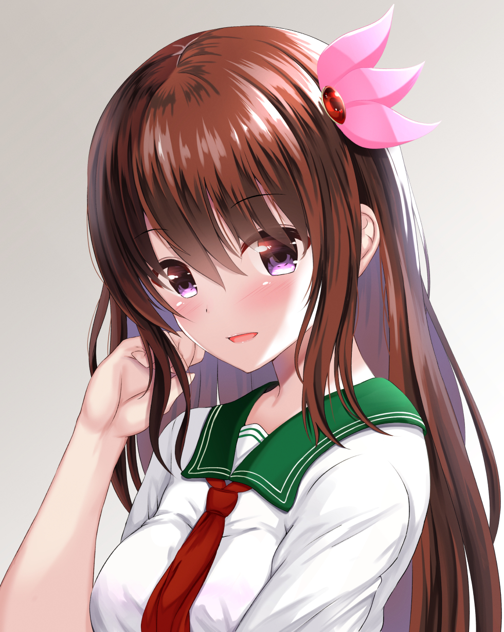 blouse blush breasts brown_hair eyebrows_visible_through_hair grey_background hair_between_eyes hair_ornament highres kantai_collection kisaragi_(kantai_collection) long_hair looking_at_viewer neckerchief open_mouth purple_eyes school_uniform serafuku short_sleeves small_breasts smile takamichis211