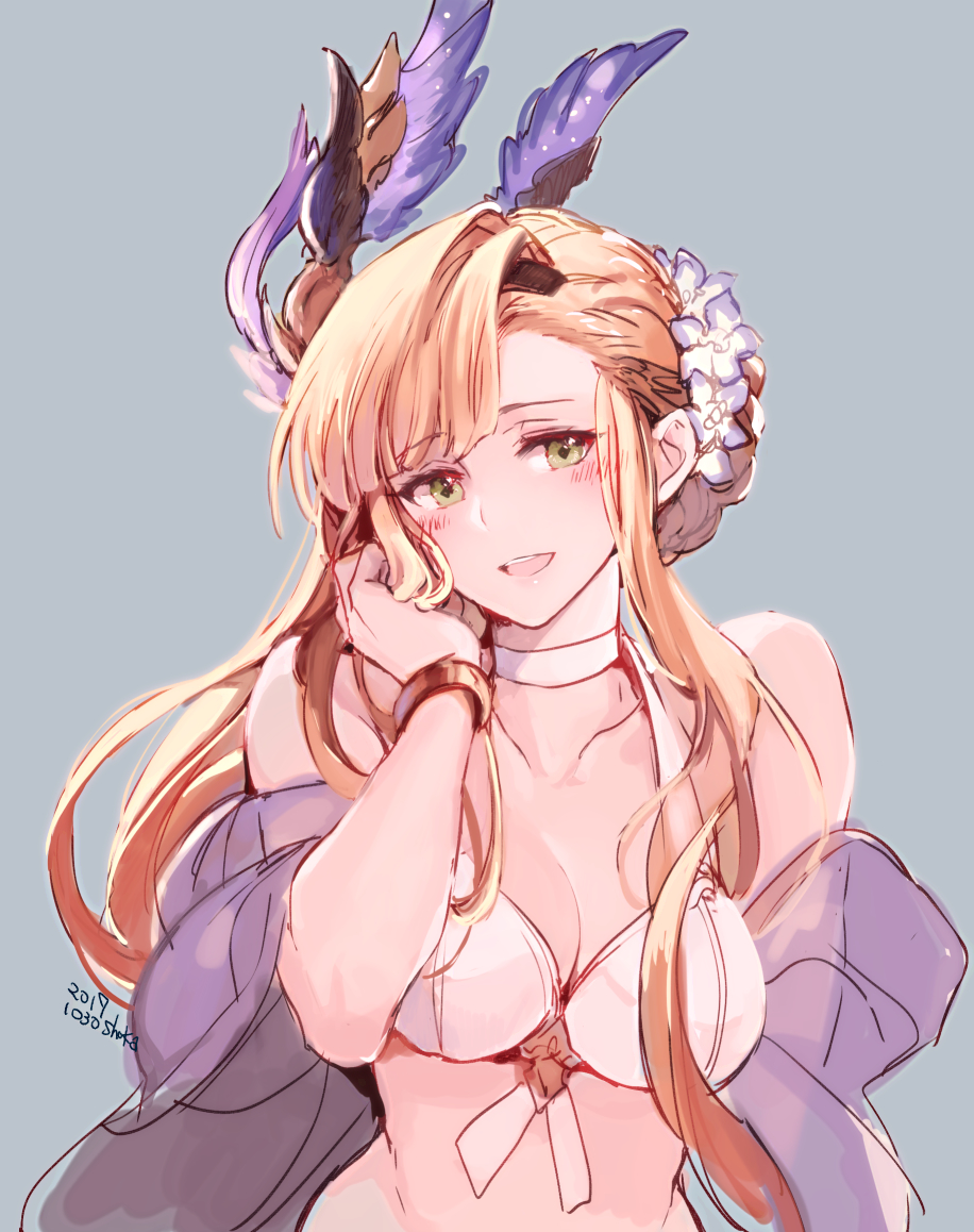 bangs bare_shoulders bikini blonde_hair blush bracelet braid breasts brown_eyes choker cleavage collarbone dress flower french_braid gown granblue_fantasy hair_flower hair_ornament hairband hand_in_hair head_wings jewelry large_breasts long_hair looking_at_viewer mesme off_shoulder open_clothes open_mouth orange_hair sidelocks simple_background smile solo song_(granblue_fantasy) swimsuit white_bikini