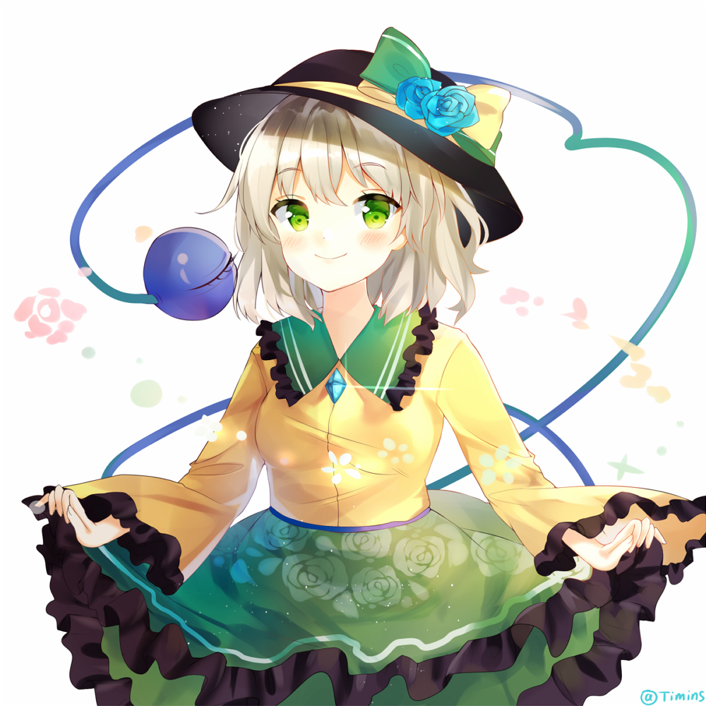 black_hat breasts collared_shirt eyeball floral_print frilled_sleeves frills green_eyes green_hair green_ribbon green_skirt hat hat_ribbon heart heart_of_string komeiji_koishi lifted_by_self long_sleeves pleated_skirt ribbon shirt skirt skirt_hold small_breasts smile solo string third_eye timins touhou wide_sleeves yellow_ribbon yellow_shirt