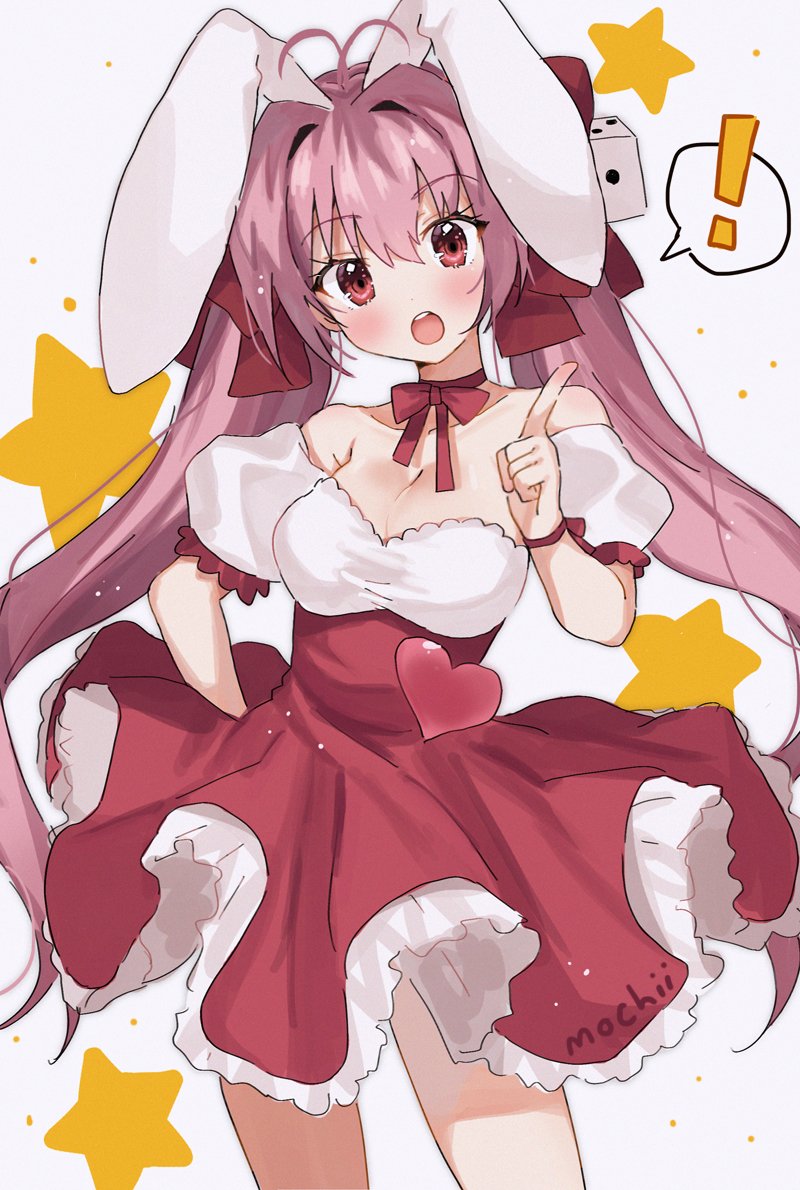1girl animal_ears antenna_hair artist_name bangs bare_shoulders blush breasts bunny_ears choker cleavage collarbone commentary_request contrapposto cowboy_shot di_gi_charat dice_hair_ornament dress eyebrows_visible_through_hair frilled_dress frills hair_ornament hair_ribbon hand_on_hip heart index_finger_raised long_hair looking_at_viewer medium_breasts mochii open_mouth pink_eyes pink_hair puffy_short_sleeves puffy_sleeves ribbon ribbon_choker round_teeth short_sleeves solo spoken_exclamation_mark standing star teeth twintails usada_hikaru very_long_hair