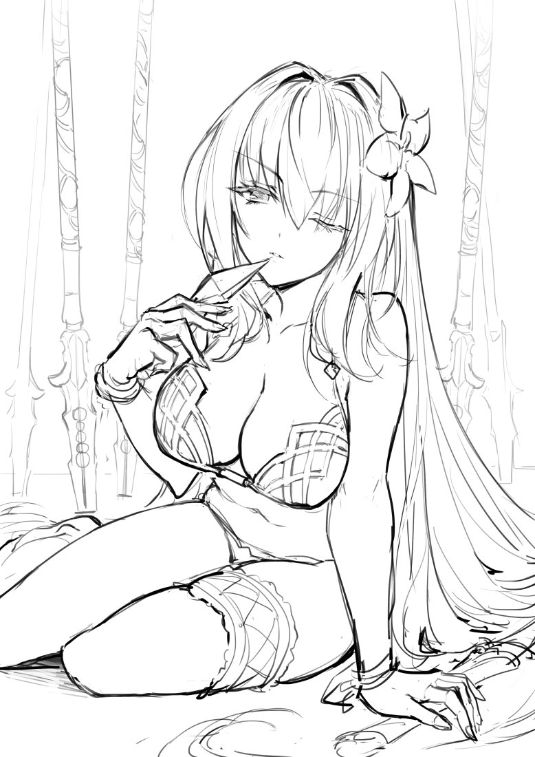 bikini bracelet breasts commentary_request fate/grand_order fate_(series) flower gae_bolg greyscale hair_flower hair_intakes hair_ornament hand_up haoni holding jewelry lance large_breasts legband long_hair looking_at_viewer monochrome one_eye_closed planted_weapon polearm scathach_(fate)_(all) scathach_(swimsuit_assassin)_(fate) sitting sketch solo swimsuit very_long_hair weapon wristband yokozuwari