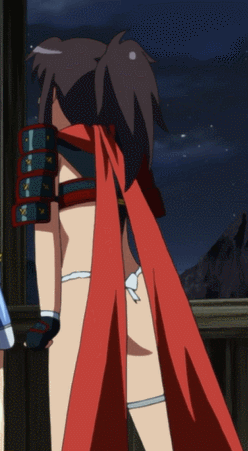 1girl animated animated_gif armor ass bare_legs black_hair blush breasts curvy female fundoshi izumi_(queen's_blade) long_hair lost_worlds ponytail queen's_blade queen's_blade_rebellion scarf shiny shiny_skin smile sword thighs yellow_eyes