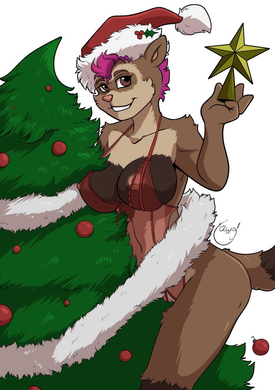 anthro bra breasts christmas christmas_tree clothing female ferret hat holidays lingerie looking_at_viewer mammal mustelid nipples pussy santa_hat smile solo standing translucent transparent_clothing tree underwear yawg