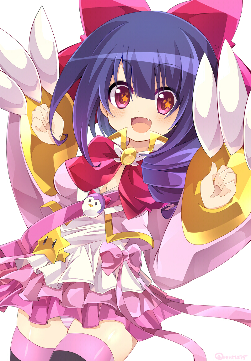 1girl :d bird black_legwear blue_hair blush bow bowtie clenched_hands dress drill_hair fang hair_bow long_hair long_sleeves looking_at_viewer magical_girl magical_star_saki multicolored multicolored_clothes multicolored_legwear open_mouth panties pantyshot penguin pink_bow pink_dress pink_legwear pink_neckwear pink_panties rento_(rukeai) saikyou_ginga_ultimate_zero_~battle_spirits~ simple_background smile star striped striped_legwear striped_panties thighhighs underwear upskirt white_background