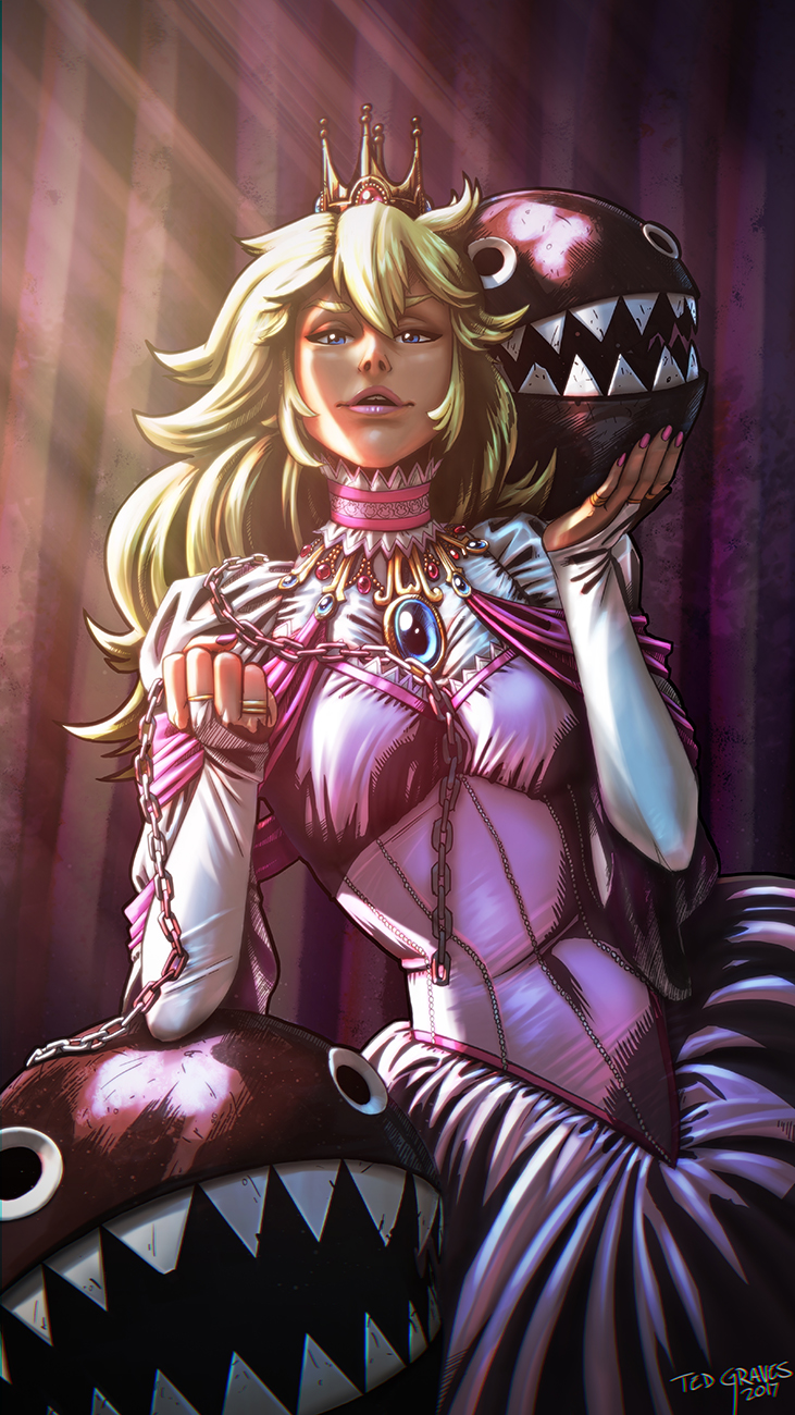 arm_support artist_name blonde_hair blue_eyes bridal_gauntlets brooch carrying chain chain_chomp choker crown dress hair_between_eyes hands_up highres holding holding_chain jewelry leaning_to_the_side lips lipstick long_hair looking_at_viewer makeup mario_(series) nail_polish open_mouth pink_dress pink_lips pink_nails princess_peach ring sharp_teeth short_sleeves smile super_mario_bros. ted_graves teeth upper_body