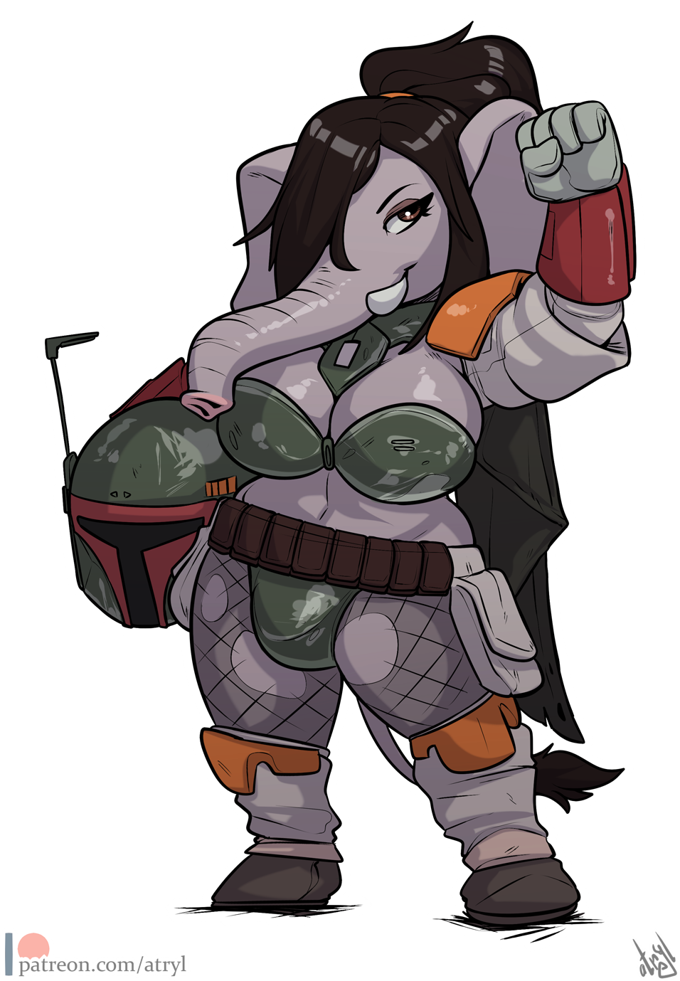 2018 anthro armor atryl big_breasts boba_fett breasts cape clothed clothing cosplay dickgirl digital_media_(artwork) elephant ellie_cooper female helmet huge_breasts intersex looking_at_viewer mammal mature_female ponytail sexy_armor simple_background smile star_wars thick_thighs trunk tusks voluptuous wide_hips
