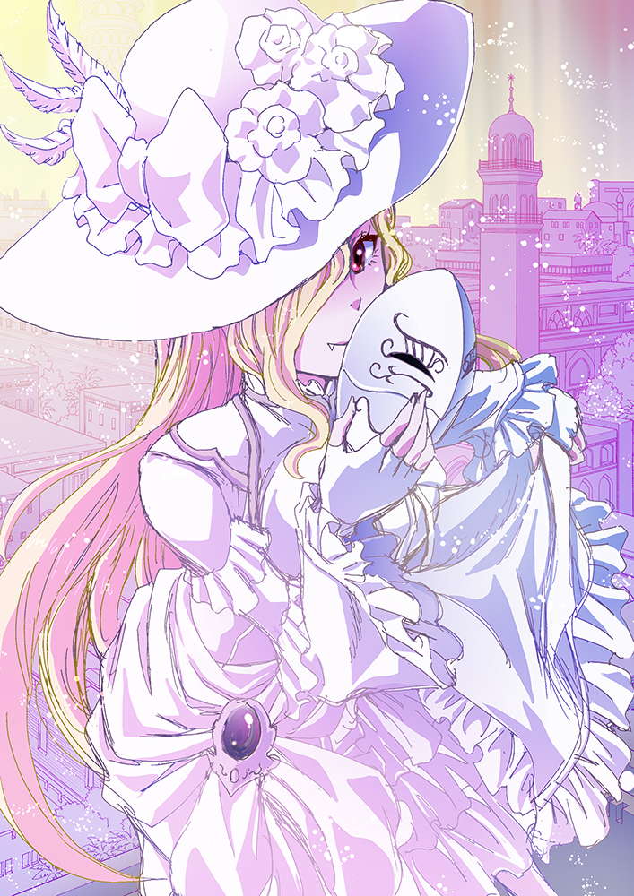 blonde_hair bow building closed_mouth dress fang fang_out fingerless_gloves flower frilled_sleeves frills gloves hair_over_one_eye hat hat_bow hat_feather hat_flower holding holding_mask lifted_by_self light_particles long_hair mask overlord_(maruyama) red_eyes rurukichi shalltear_bloodfallen skirt_hold smile solo vampire very_long_hair white_bow white_dress white_flower white_gloves white_hat wide_sleeves