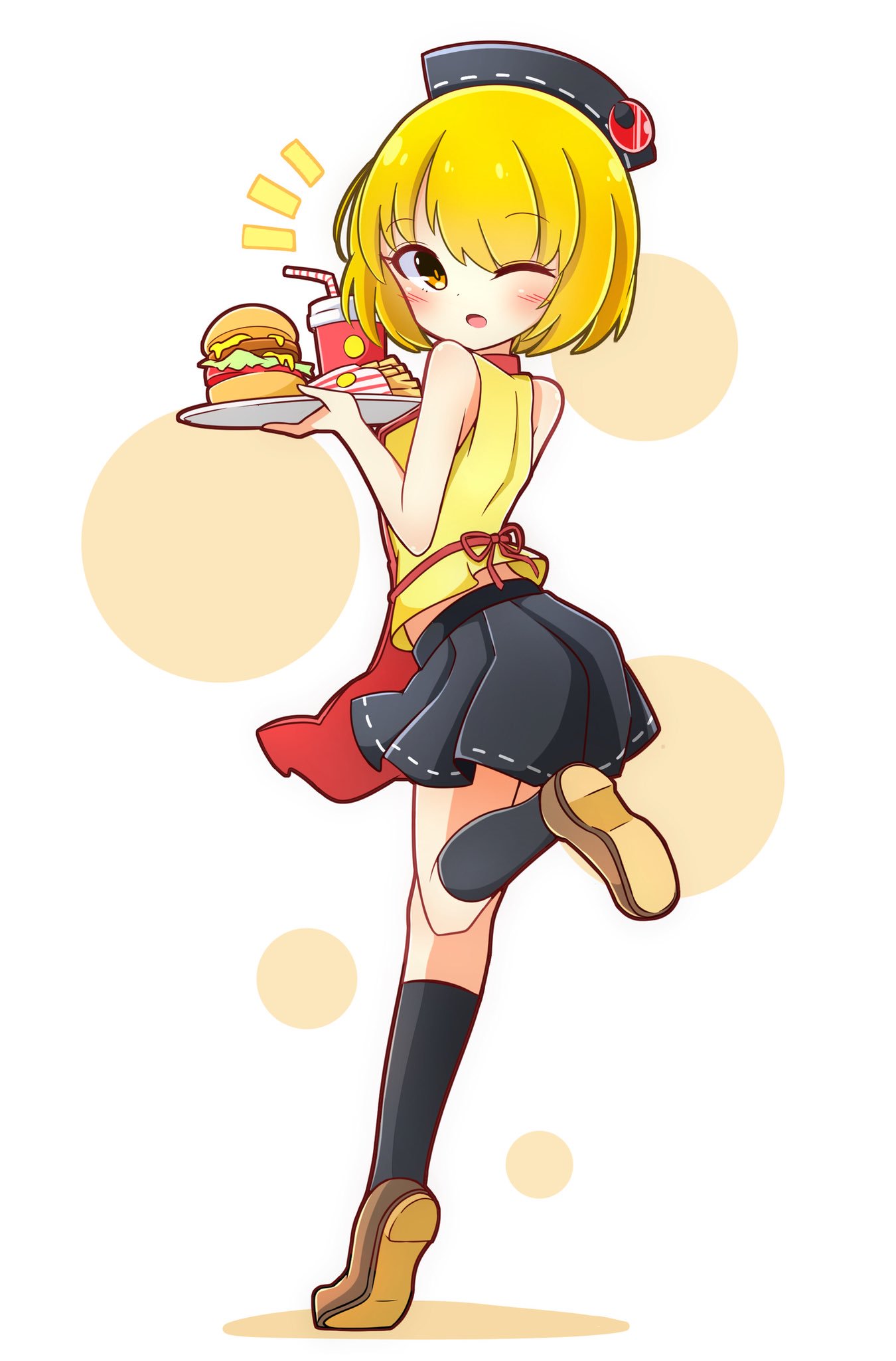 alternate_costume apron bangs black_legwear black_skirt blonde_hair brown_footwear closed_mouth commentary_request crescent cup drinking_straw eyebrows_visible_through_hair food french_fries from_side full_body hamburger hat highres holding holding_tray inon kneehighs looking_at_viewer lunasa_prismriver open_mouth pleated_skirt red_apron shoes short_hair skirt sleeveless smile solo standing standing_on_one_leg touhou tray yellow_eyes