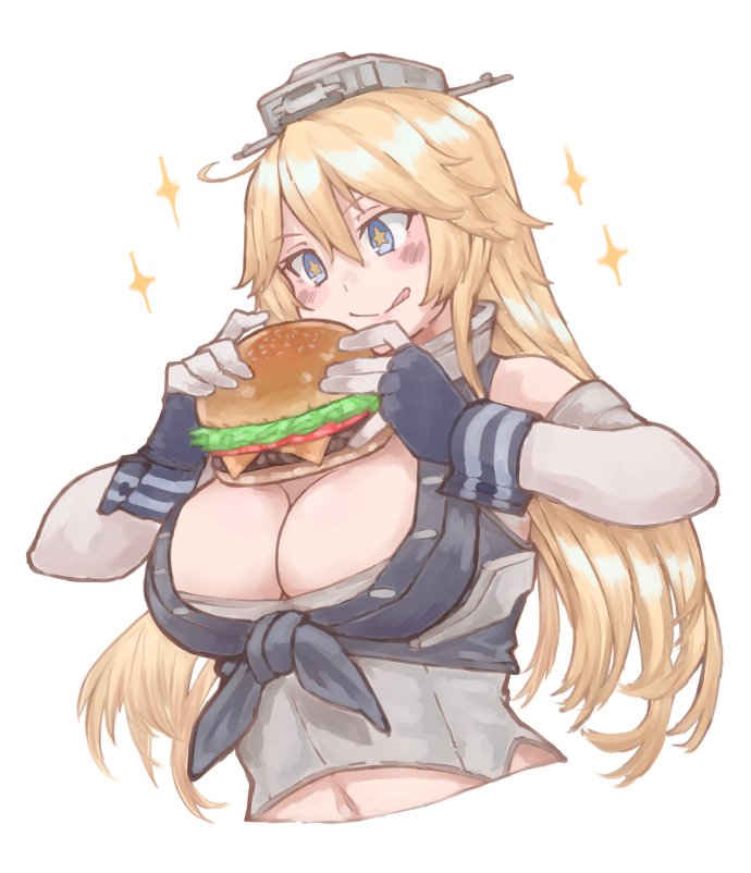 az_toride blonde_hair blue_eyes breasts elbow_gloves fingerless_gloves food front-tie_top gloves hamburger iowa_(kantai_collection) kantai_collection large_breasts long_hair simple_background solo sparkle star star-shaped_pupils symbol-shaped_pupils tongue tongue_out upper_body white_background