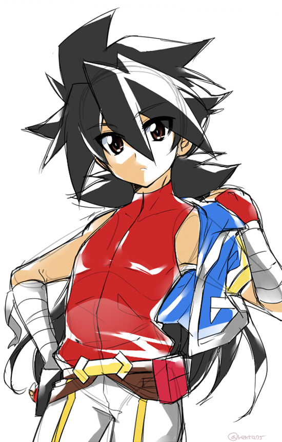 bandaged_arm bandages bare_shoulders black_hair blue_jacket cowboy_shot gloves hand_on_hip ichibanboshi_no_rei jacket jacket_removed male_focus pants red_gloves red_shirt rento_(rukeai) saikyou_ginga_ultimate_zero_~battle_spirits~ shirt simple_background sleeveless solo spiked_hair twitter_username white_background white_pants