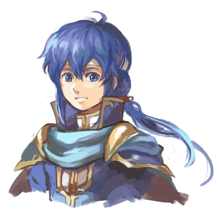 blue_eyes blue_hair cape celice_(fire_emblem) fire_emblem fire_emblem:_seisen_no_keifu fire_emblem:_thracia_776 garmmy headband long_hair looking_at_viewer male_focus ponytail simple_background smile solo traditional_media upper_body watercolor_(medium) white_background