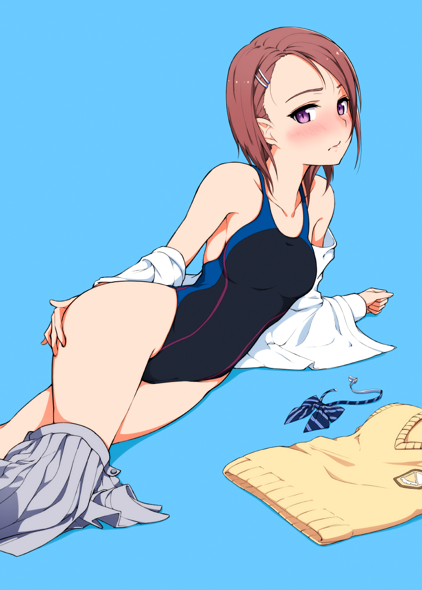 :s black_swimsuit blue_background blue_neckwear blush bow bowtie bowtie_removed breasts brown_hair closed_mouth clothes_removed competition_swimsuit hair_ornament hairclip hand_on_own_ass hi_iro highres looking_at_viewer lying medium_breasts medium_hair nose_blush off_shoulder on_side one-piece_swimsuit open_clothes open_shirt original pleated_skirt purple_eyes school_uniform shirt simple_background skirt skirt_around_one_leg skirt_pull solo swimsuit swimsuit_under_clothes vest_removed white_shirt