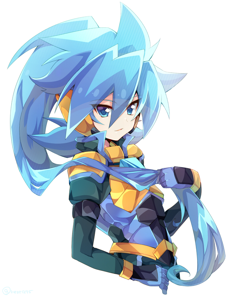 aqua_shirt armor blue_armor blue_eyes blue_gloves blue_hair gloves long_sleeves looking_at_viewer male_focus open_mouth rento_(rukeai) saikyou_ginga_ultimate_zero_~battle_spirits~ shirt simple_background smile solo spiked_hair white_background zero_the_azure