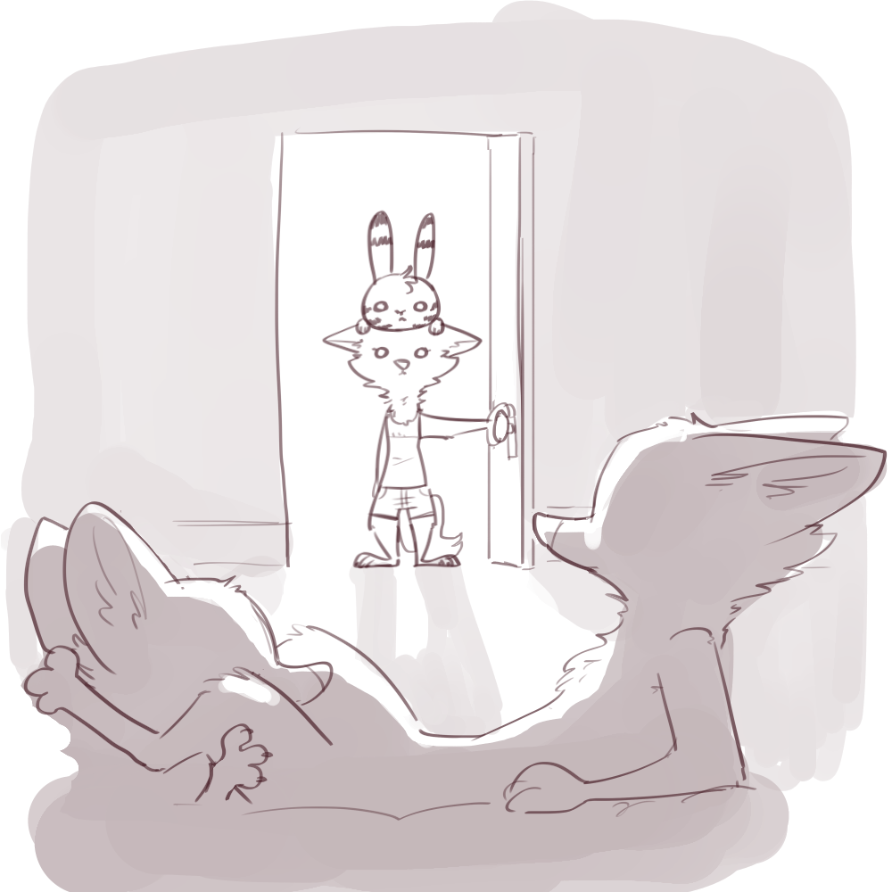 2018 anthro anthro_on_anthro barefoot bed canine caught cheek_tuft clothed clothing disney door ear_markings facial_markings female female/female fox fuel_(artist) fur fur_markings group jack_savage lagomorph male mammal markings monochrome nude on_head rabbit reclining selfcest skye_(zootopia) square_crossover standing striped_fur stripes thigh_grab tuft what why zootopia