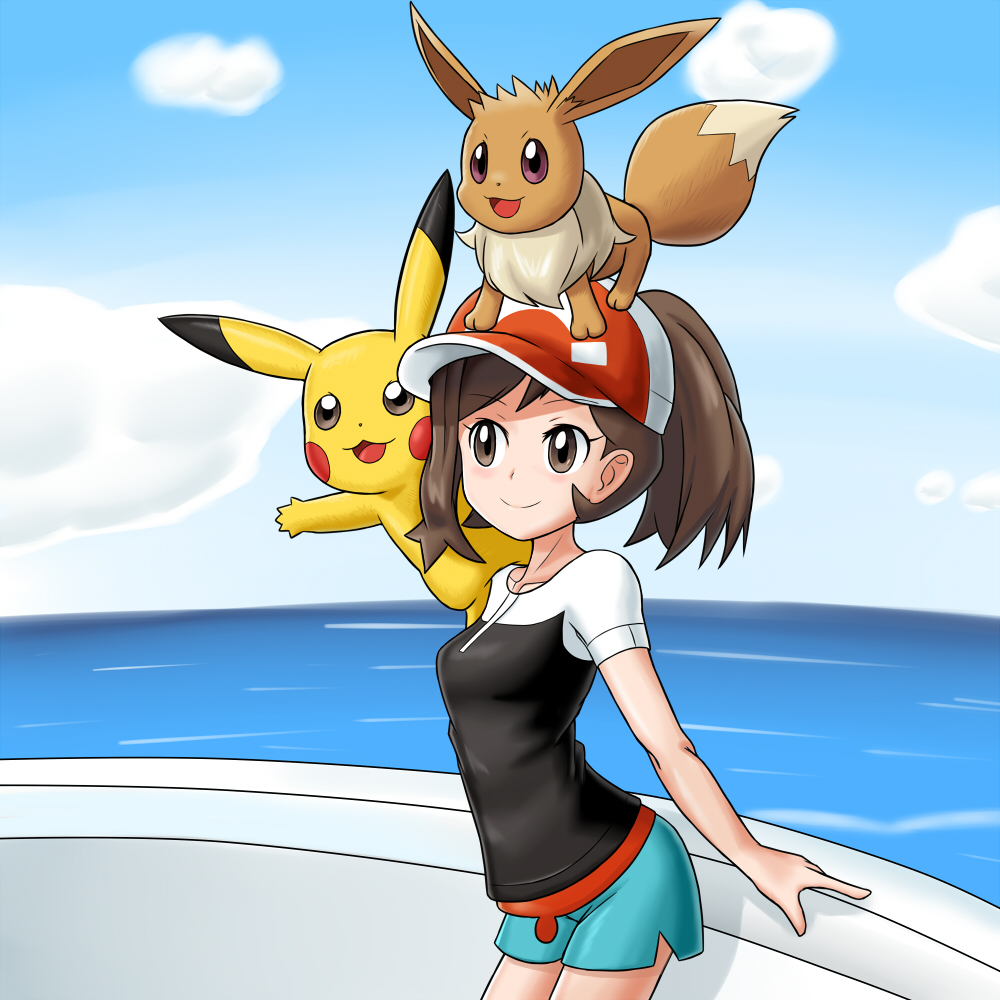 1girl brown_eyes brown_hair eevee female_protagonist_(pokemon_lgpe) pikachu pokemon pokemon_(game) pokemon_lgpe shorts sky smile