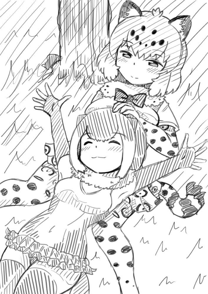 ^_^ animal_ears armpits arms_up bangs bow bowtie closed_eyes closed_mouth covered_navel elbow_gloves eyebrows_visible_through_hair fingerless_gloves fur_collar gloves greyscale half-closed_eyes hand_on_another's_head happy jaguar_(kemono_friends) jaguar_ears jaguar_print jaguar_tail kemono_friends lap_pillow looking_at_another lying monochrome multiple_girls on_back otter_ears otter_tail outdoors outstretched_arms outstretched_hand sannomiya_mirai short_hair sketch skirt small-clawed_otter_(kemono_friends) smile swimsuit tail thighhighs