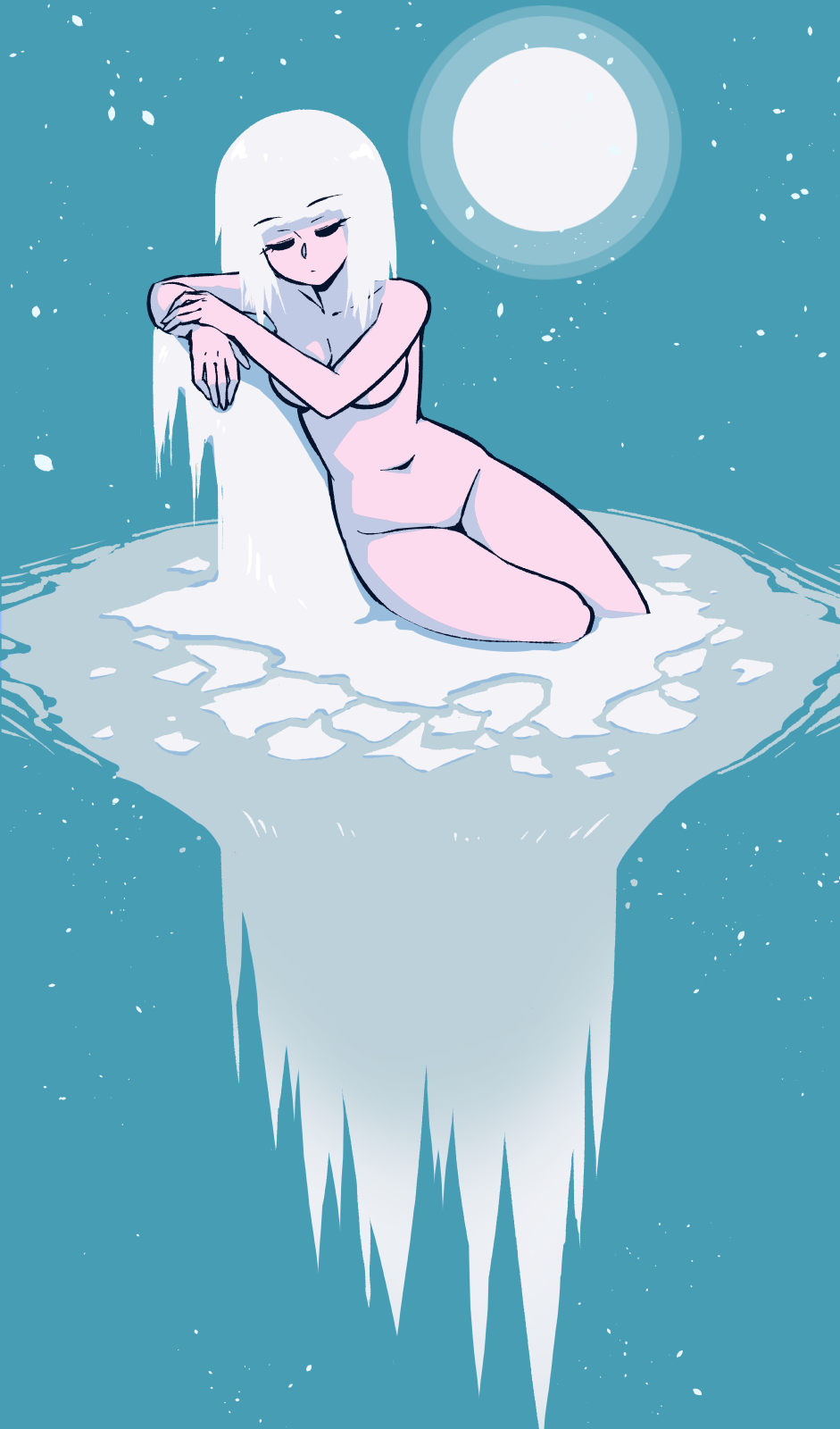 akairiot bangs blunt_bangs breasts closed_eyes closed_mouth collarbone eyebrows_visible_through_hair eyelashes hand_on_own_wrist highres ice kelda_(akairiot) leaning_to_the_side medium_breasts moon navel nude original partially_submerged snow solo stomach thighs white_hair