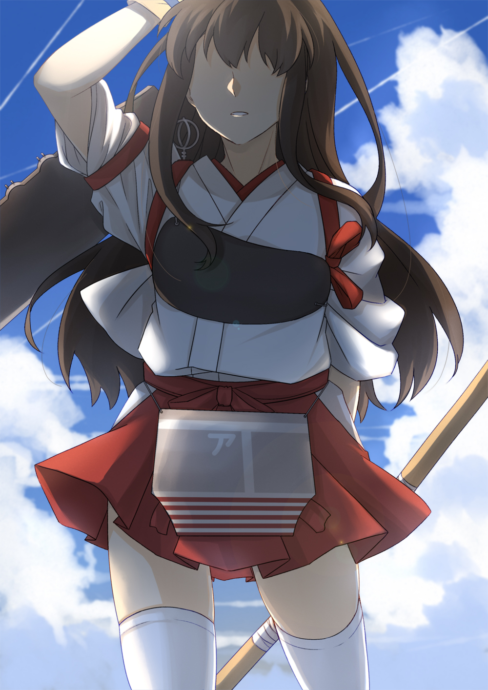 akagi_(kantai_collection) arm_up asakawa_shinka bad_id bad_pixiv_id blue_sky bow_(weapon) brown_hair cloud commentary cowboy_shot day flight_deck hakama hakama_skirt highres hip_vent holding holding_bow_(weapon) holding_weapon japanese_clothes kantai_collection kimono long_hair machinery muneate outdoors parted_lips red_hakama rigging shaded_face sky solo tasuki thighhighs weapon white_kimono white_legwear