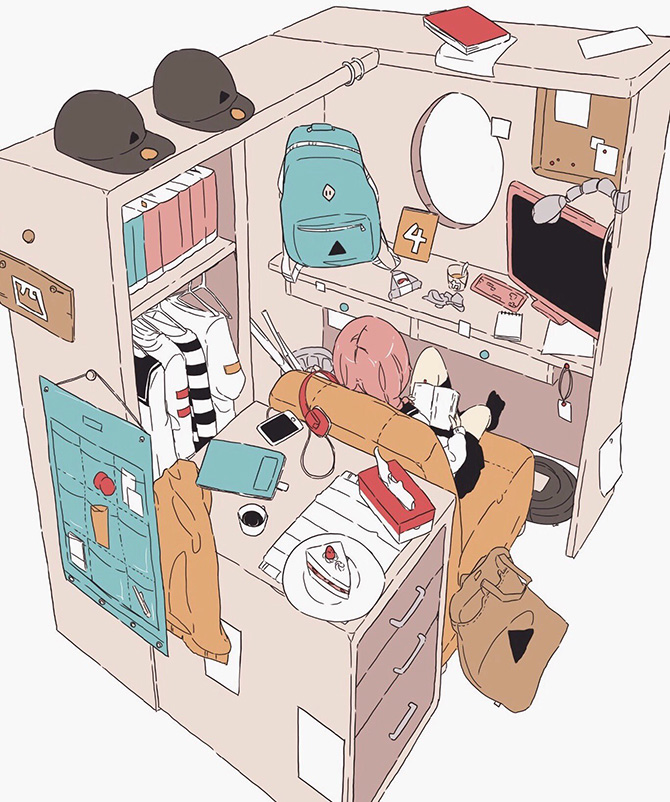 backpack bag book cake cellphone clothes colorized couch daisukerichard drawer food hat headphones indoors monitor original paper phone pink_hair reading school_uniform shelf smartphone tissue_box white_background