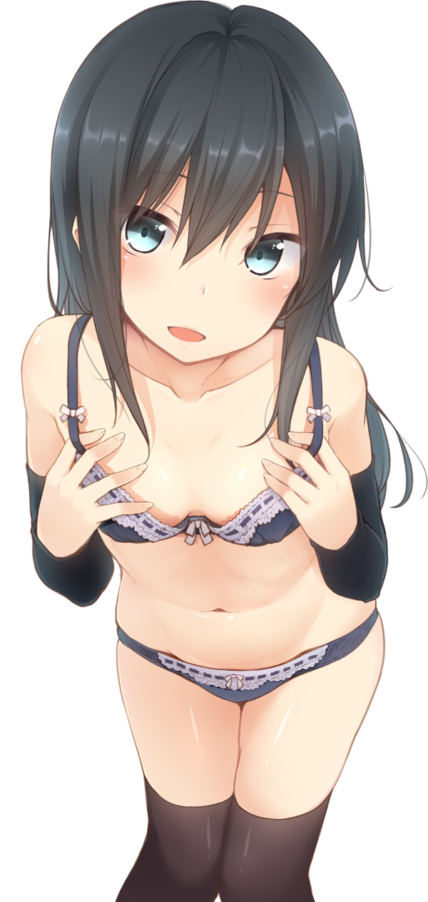 :d asashio_(kantai_collection) bare_shoulders black_bra black_hair black_legwear black_panties blue_eyes blush bow bow_bra bow_panties bra breasts cleavage collarbone cowboy_shot detached_sleeves frilled_bra frilled_panties frills hair_between_eyes hand_on_own_chest head_tilt highres kantai_collection leaning_forward legs_together lingerie long_hair long_sleeves looking_at_viewer nagami_yuu navel open_mouth panties small_breasts smile solo stomach thighhighs transparent_background tsurime underwear underwear_only white_bow