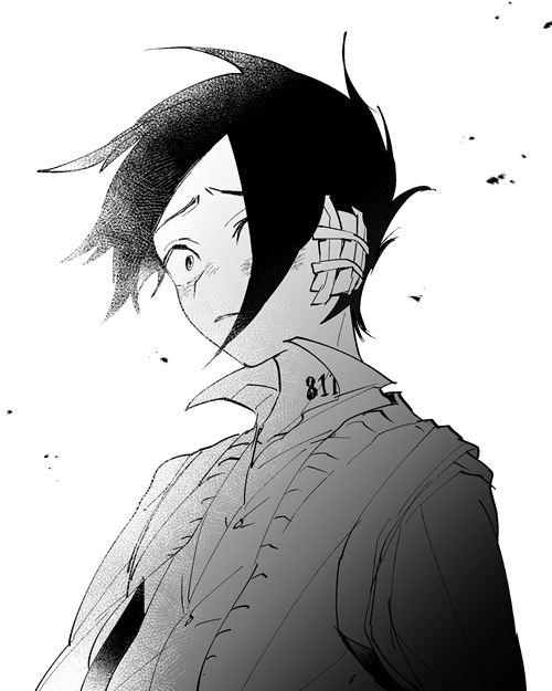 bandaged_head bandages cardigan constricted_pupils greyscale hair_over_one_eye male_focus monochrome neck_tattoo ni-si_(nisi_kun) ray_(yakusoku_no_neverland) simple_background solo spiked_hair tattoo upper_body white_background yakusoku_no_neverland