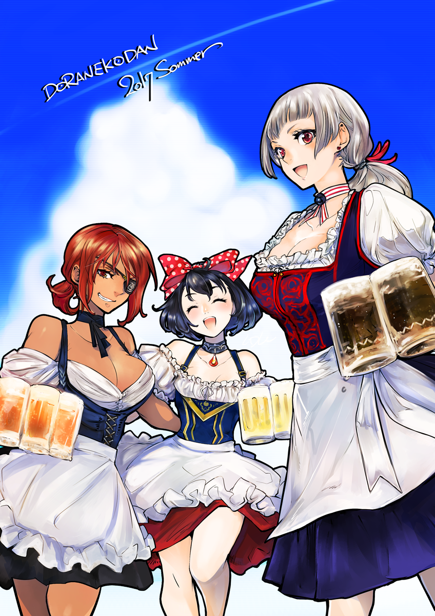 3girls :d alcohol apron arm_around_waist beer beer_mug black_dress black_hair blue_dress bow breasts brown_eyes brown_hair character_request choker cleavage closed_eyes cloud cloudy_sky commentary_request corset dark_skin day dirndl doraeshi dress earrings english engrish eyepatch german_clothes grin hair_bow hair_tie highres holding jewelry looking_at_viewer medium_breasts multiple_girls open_mouth outdoors panties pendant polka_dot polka_dot_panties ponytail ranguage red_bow red_dress red_eyes short_ponytail silver_hair sky smile standing underwear waist_apron white_apron wonderland_wars