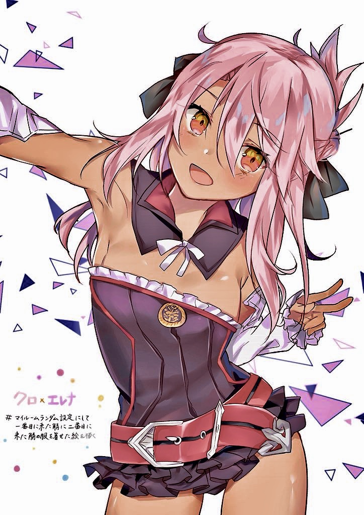 1girl bangs bare_shoulders belt belt_buckle black_bow blush bow breasts buckle chloe_von_einzbern cosplay dark_skin detached_collar detached_sleeves dress fate/grand_order fate/kaleid_liner_prisma_illya fate_(series) frills hair_between_eyes hair_bow hand_gesture helena_blavatsky_(fate/grand_order) helena_blavatsky_(fate/grand_order)_(cosplay) hips long_hair looking_at_viewer medallion one_side_up open_mouth pink_hair purple_dress ribbon simple_background small_breasts smile solo strapless thighs v white_background yellow_eyes