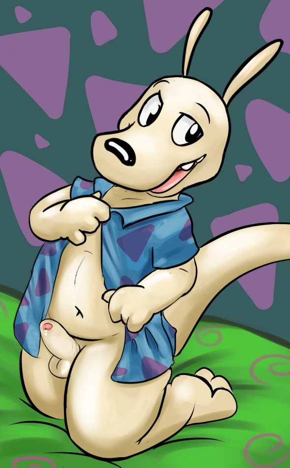 animal_genitalia anthro balls bed bottomless clothed clothing erection foreskin kneeling knox_(artist) male mammal marsupial navel open_mouth penis precum rocko rocko's_modern_life sheath shirt slightly_chubby solo wallaby