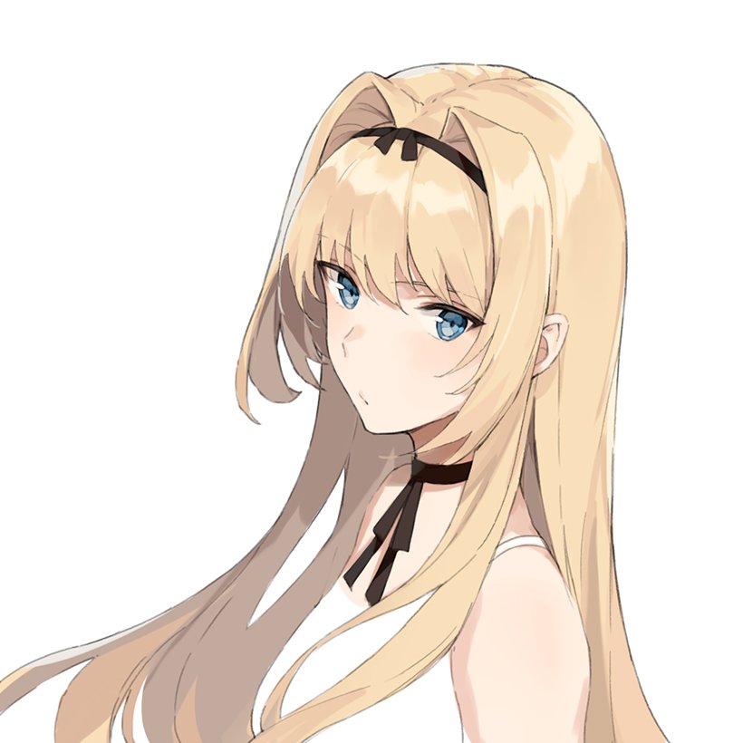 aiko_(kanl) blonde_hair blue_eyes breasts choker commentary copyright_request english_commentary eyebrows_visible_through_hair hair_intakes hair_ribbon long_hair looking_at_viewer ribbon ribbon_choker sidelocks simple_background small_breasts solo tsurime upper_body white_background