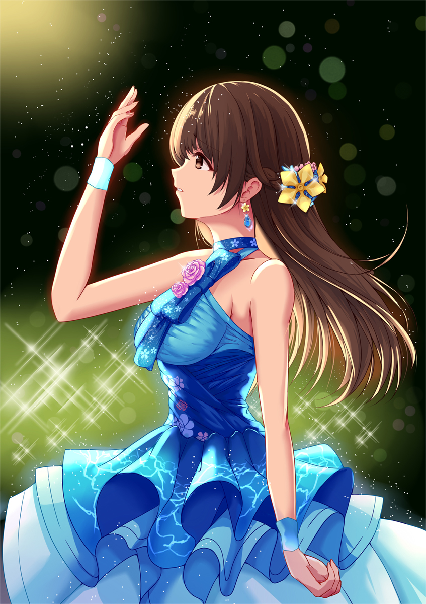 bangs blue_dress breasts brown_eyes brown_hair choker commentary_request dress eyebrows_visible_through_hair flower from_side hair_flower hair_ornament idolmaster idolmaster_cinderella_girls idolmaster_cinderella_girls_starlight_stage long_hair medium_breasts nitta_minami profile shailiar sideboob solo sparkle wrist_cuffs