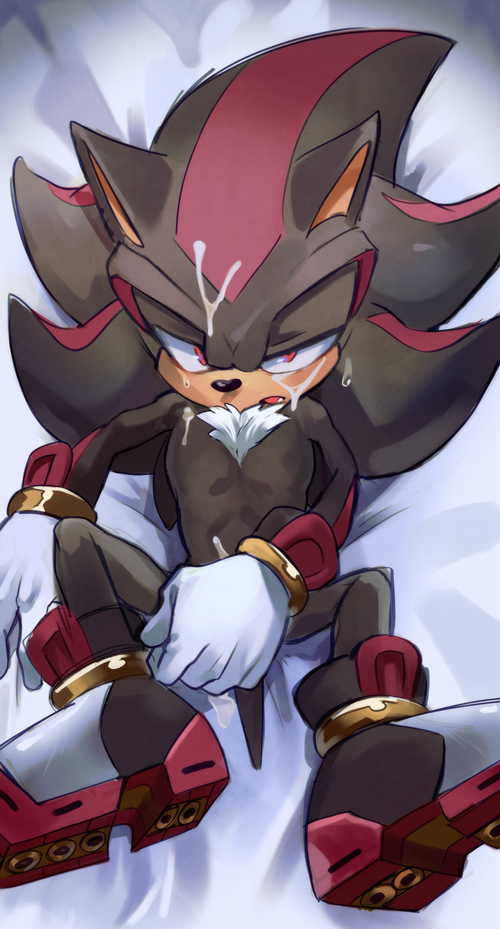 after_sex anthro bed chest_tuft clothing covering cum cum_on_chest cum_on_face footwear fur gloves half-closed_eyes hedgehog looking_at_viewer lying male mammal mostly_nude on_back open_mouth red_eyes shadow_the_hedgehog shoes solo sonic_(series) spreading tuft uzucake