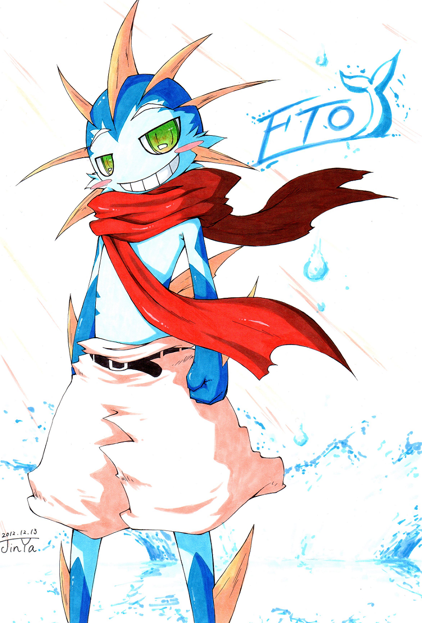 anthro belt blue_skin blush clothing eto fin fish green_eyes jinya looking_at_viewer male marine pants scarf signature smile smirk standing text traditional_media_(artwork) water whiskers yellow_skin あかばね_じん