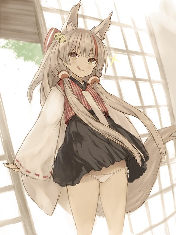:p animal_ears arms_at_sides azur_lane bell bow commentary_request extra_ears eyebrows_visible_through_hair fox_ears fox_tail goekawa grey_hair hair_bell hair_bow hair_ornament japanese_clothes kamikaze_(azur_lane) long_hair long_sleeves lowleg lowleg_panties multicolored_hair panties ribbon ribbon-trimmed_sleeves ribbon_trim shouji side-tie_panties side_ponytail silver_hair skirt sliding_doors smile solo sparkle standing streaked_hair tail tongue tongue_out underwear white_panties wind wind_lift