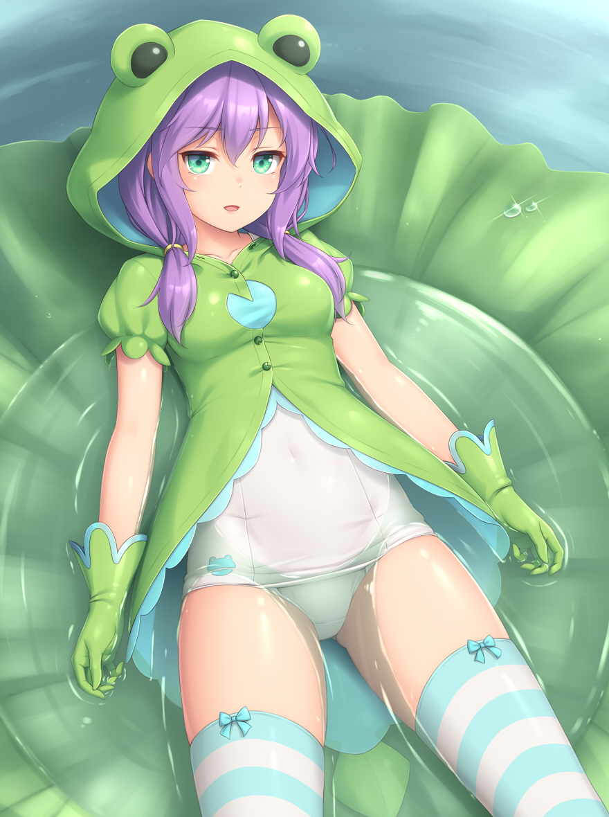 :d animal_hood aqua_bow aqua_eyes aqua_legwear bangs blush bow bow_legwear breasts commentary_request covered_navel dress frog_girl frog_hood gloves green_dress green_gloves hair_between_eyes hair_tie hood hood_up hooded_dress lavender_hair lily_pad long_hair looking_at_viewer low_twintails lying medium_breasts minigirl old_school_swimsuit on_back one-piece_swimsuit open_mouth original outdoors partially_submerged pastel_colors ripples sasaame school_swimsuit school_swimsuit_flap shiny shiny_clothes smile solo striped striped_legwear swimsuit swimsuit_under_clothes thighhighs thighs twintails wakamezake water white_school_swimsuit white_swimsuit