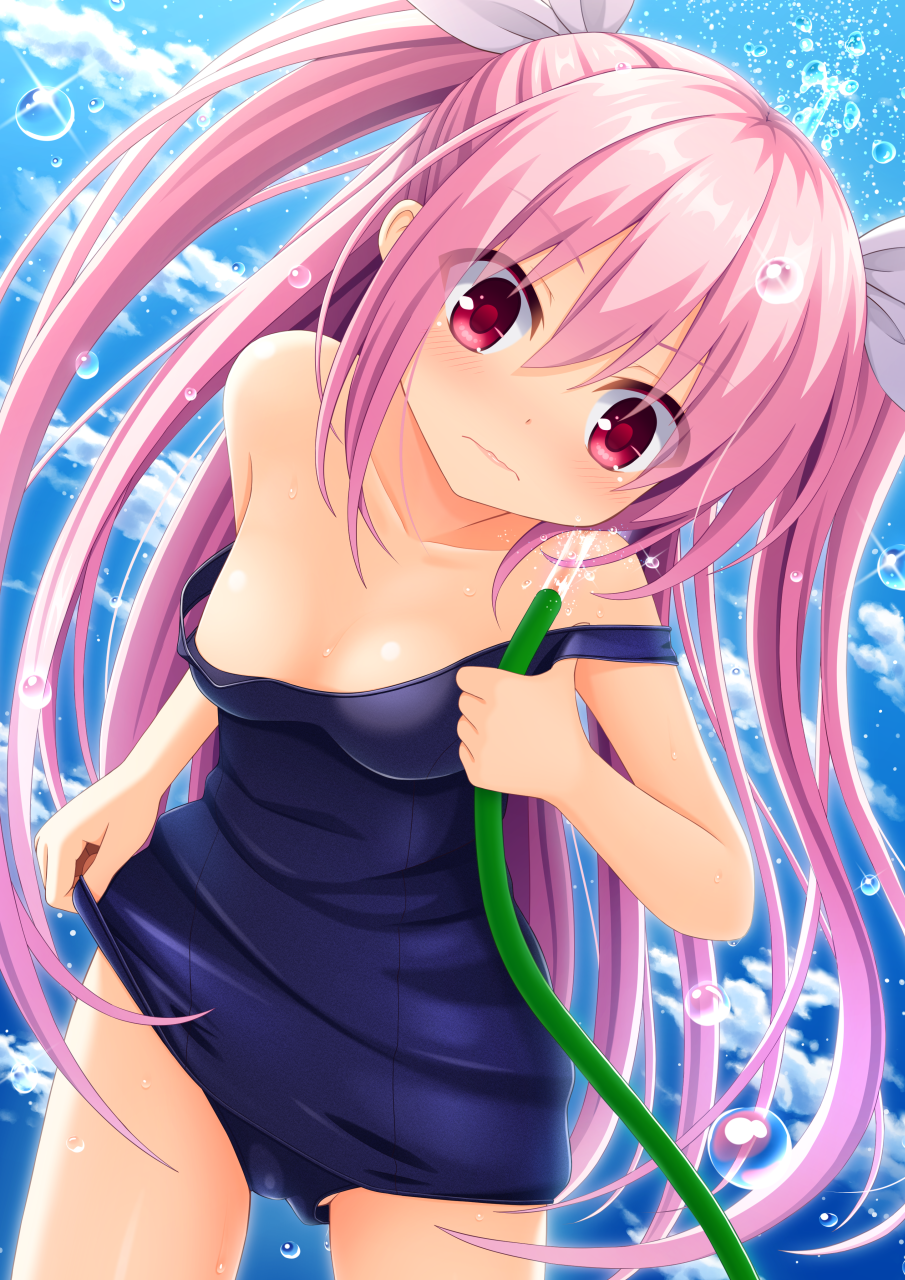 bangs blush breasts closed_mouth collarbone commentary_request eyebrows_visible_through_hair hair_between_eyes highres holding iwamoto_sora long_hair looking_at_viewer moe2018 multicolored_hair old_school_swimsuit one-piece_swimsuit original pink_hair red_eyes ribbon school_swimsuit solo strap_slip swimsuit
