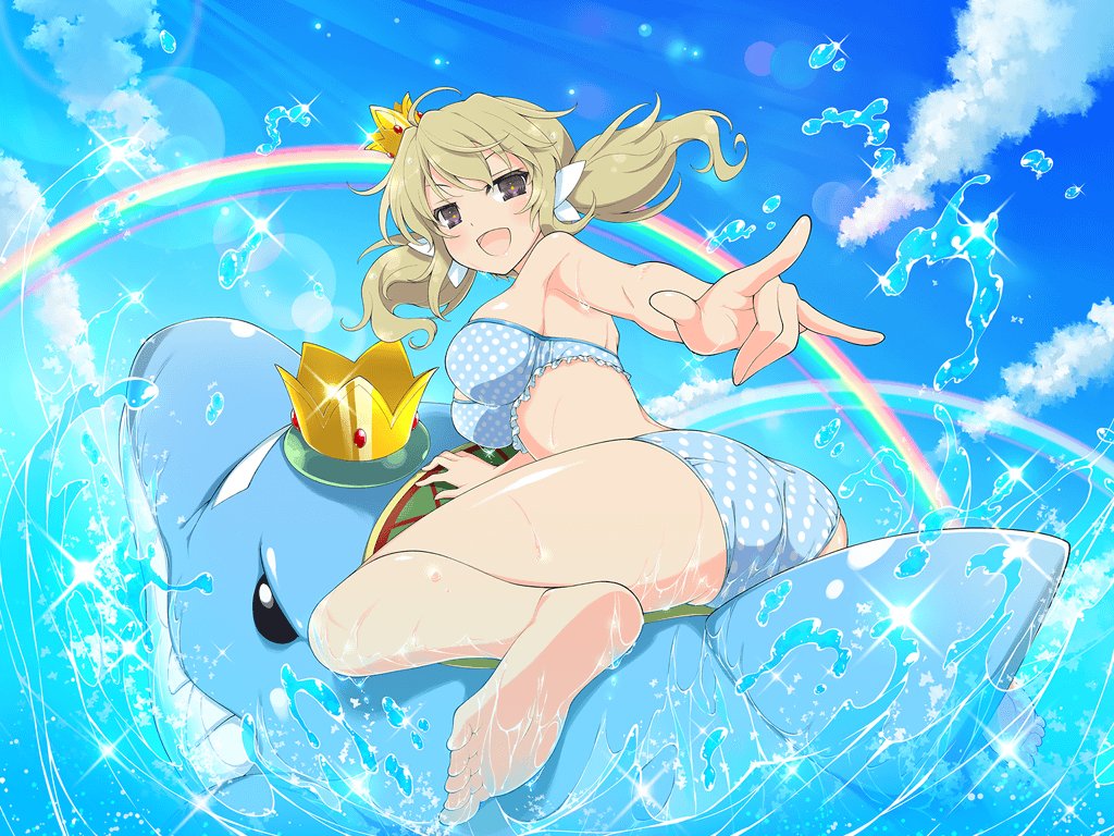 :d \m/ ass bangs bare_arms bare_legs barefoot bikini blonde_hair blue_bikini blue_sky breasts brown_eyes crown day dolphin dot_nose from_behind kafuru_(senran_kagura) large_breasts looking_at_viewer looking_back low_twintails mini_crown open_mouth outdoors polka_dot polka_dot_bikini rainbow riding senran_kagura senran_kagura_new_link sky smile solo strapless strapless_bikini swimsuit tied_hair twintails water water_drop