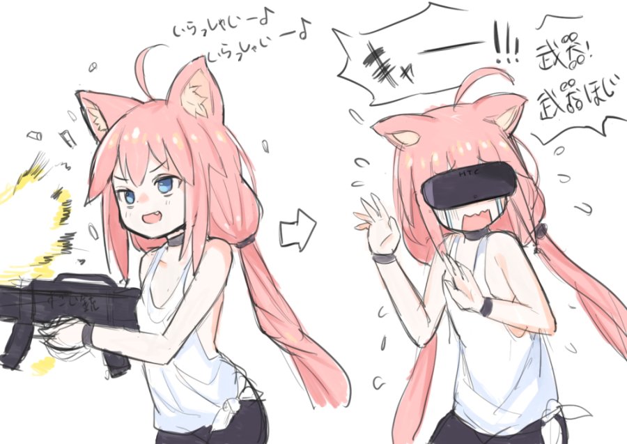 ahoge animal_ear_fluff animal_ears arms_up bike_shorts blue_eyes cat_ears choker comic commentary_request fang firing flying_sweatdrops gun henry_bird_9 hinata_channel htc_vive long_hair low_twintails nekomiya_hinata open_mouth pink_hair rifle scared shorts smile speech_bubble tears translation_request twintails upper_body vest vr_visor weapon white_vest wristband