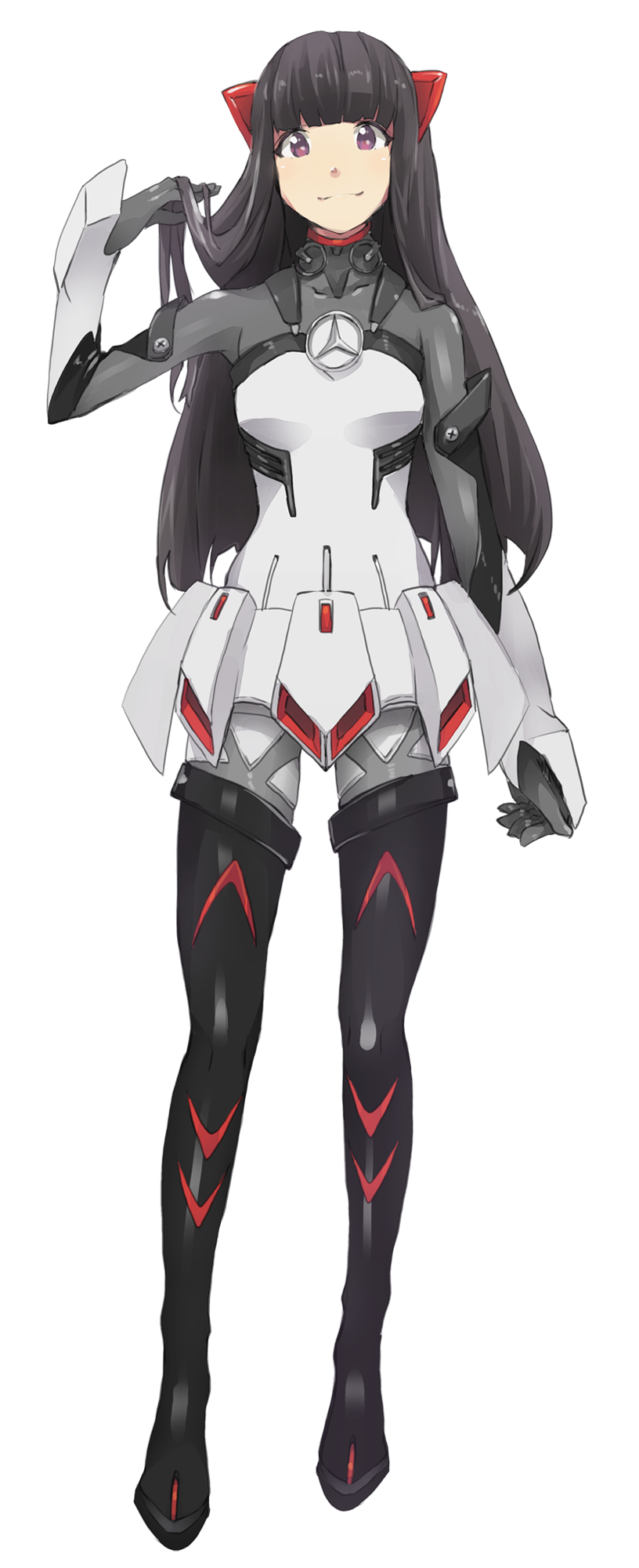 bangs black_footwear black_hair blunt_bangs boots brown_eyes full_body hand_in_hair highres holding holding_hair kashiyuka logo long_hair looking_at_viewer mercedes-benz perfume pilot_suit simple_background smile solo standing thigh_boots thighhighs white_background yoshito