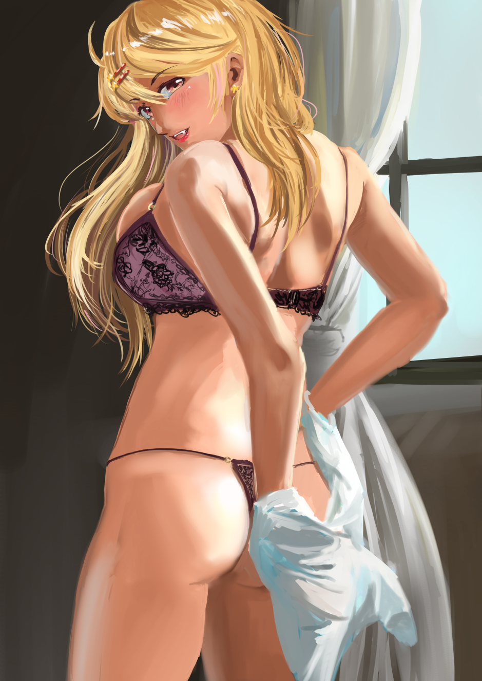 amaryllis ass blonde_hair breasts brown_eyes commentary_request earrings gyaru hair_ornament hairclip highres jewelry kichiwo_misaki kogal large_breasts long_hair looking_at_viewer open_mouth ouga_saki solo star star_earrings thighs thong underwear virtual_youtuber