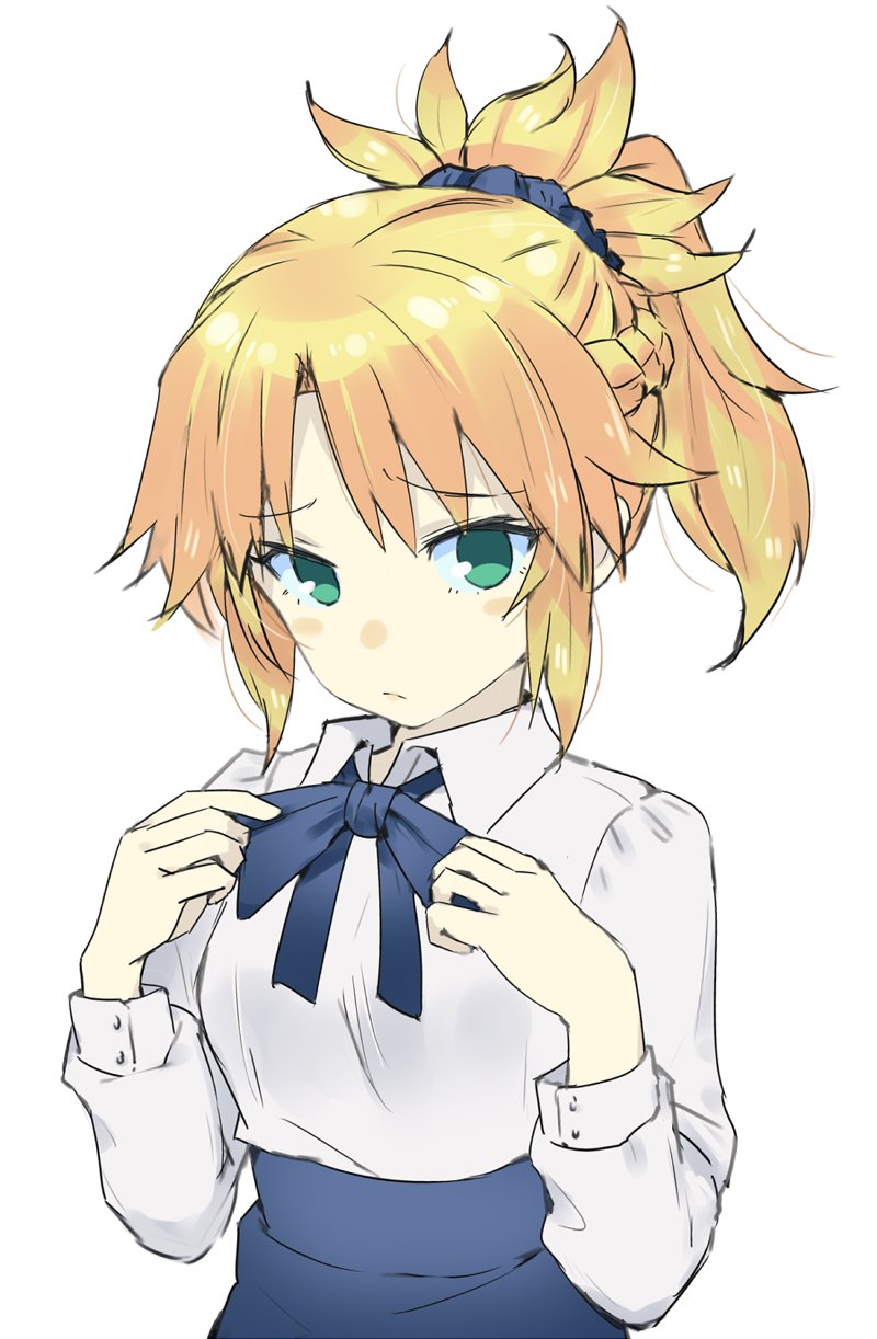 adjusting_clothes artoria_pendragon_(all) blonde_hair blue_ribbon blue_scrunchie blue_skirt braid commentary_request cosplay fate/apocrypha fate/grand_order fate/stay_night fate_(series) french_braid frown gedou_(ge_ge_gedou) green_eyes hair_ornament hair_scrunchie highres long_hair long_sleeves looking_at_viewer mordred_(fate) mordred_(fate)_(all) ponytail ribbon saber saber_(cosplay) scrunchie shirt skirt upper_body white_background white_shirt