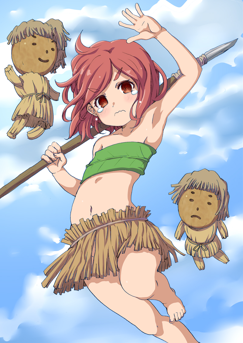 armpits bare_shoulders barefoot blue_sky blush cloud coconut crying day doll grass_skirt hinamatsuri_(manga) holding holding_spear holding_weapon leaf_bra mao_(hinamatsuri) nana-ine navel outdoors polearm red_eyes red_hair sky solo spear standing standing_on_one_leg tears thick_eyebrows wavy_mouth weapon