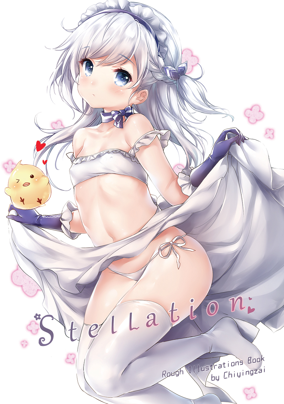 &gt;_o artist_name azur_lane bangs bare_shoulders belchan_(azur_lane) belfast_(azur_lane) bird blue_eyes blue_gloves blush bow braid breasts bright_pupils chiyingzai choker collarbone commentary_request cover cover_page covered_nipples elbow_gloves eyebrows_visible_through_hair french_braid frill_trim gloves hair_between_eyes head_tilt highres lifted_by_self long_hair long_skirt looking_at_viewer maid_headdress navel no_shoes one_eye_closed one_side_up panties ribbon_choker side-tie_panties side_braid silver_hair simple_background skirt skirt_lift small_breasts solo strapless string_panties thighhighs tubetop underwear white_background white_legwear white_panties younger