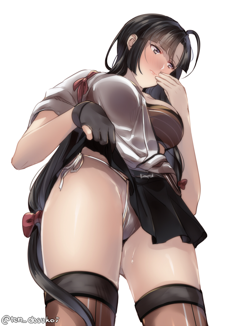 bandeau black_hair black_skirt blush breasts brown_eyes closed_mouth commentary_request eyebrows_visible_through_hair from_below japanese_clothes juurouta kantai_collection large_breasts lifted_by_self long_hair long_ponytail panties ponytail shouhou_(kantai_collection) side-tie_panties simple_background skirt skirt_lift solo thighhighs twitter_username underwear white_background white_panties